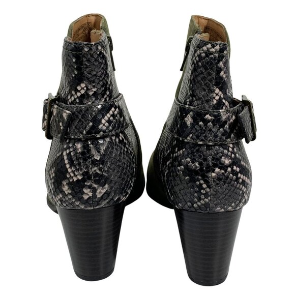 VIONIC Upright Suede Naomi Snake Olive Ankle Booties Heels Womens Size 10 w/ Box - Picture 2 of 7